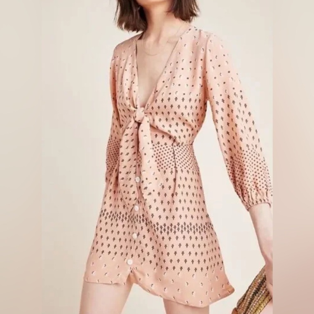 Faithfull The Brand x Anthropologie Trinidad Tie Front Peach Mini Dress size 6